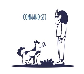 People training their pet dog set. The pet executes the sit command. The training process. A simple icon, symbol, sign. Editable vector illustration