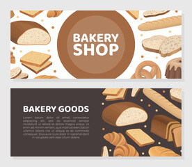 Fototapeta na wymiar Bakery shop horizontal banners set. Bakehouse, baked pastry and patisserie products vector illustration
