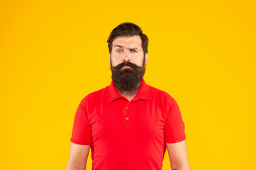 serious bearded man with moustache in tshirt on yellow background, face