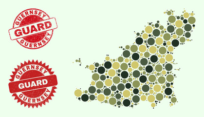 Vector circle parts collage Guernsey Island map in khaki colors, and grunge stamps for guard and military services. Round red watermarks contain phrase GUARD inside.