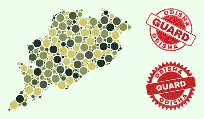 Vector circle items collage Odisha State map in camouflage colors, and corroded stamp seals for guard and military services. Round red seals contain word GUARD inside.