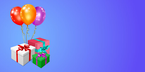 Vector illustration with bunch of colored gift boxes with ribbons and bows and multicolor balloons on blue background