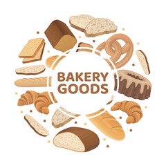 Bakery goods card. Bakery shop, bakehouse banner with fresh patisserie products vector illustration