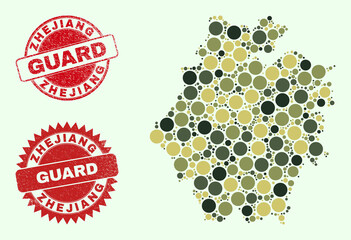 Vector round parts collage Zhejiang Province map in khaki colors, and grunge stamp imitations for guard and military services. Round red seals include word GUARD inside.