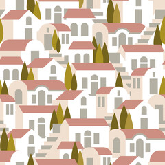 Seamless pattern with houses, steps and trees in pastel colors. Vector illustration in flat style.