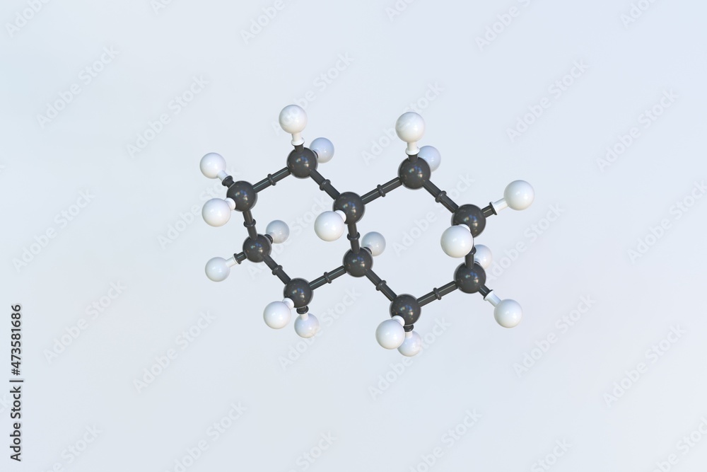 Poster decahydronaphthalene molecule made with balls, isolated molecular model. 3d rendering