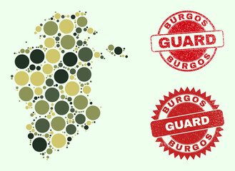 Vector round elements mosaic Burgos Province map in khaki hues, and dirty stamp prints for guard and military services. Round red imprints contain phrase GUARD inside.