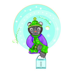 A funny bear dressed in a green hat and scarf and holding a present box with lettering, Christmas card imaging a bear on a winter day, vector bear located on a New Year winter background.