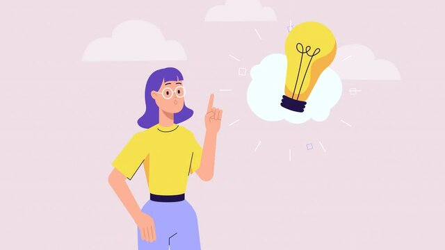 Concept of a great idea, Eureka. woman thinking and looking for answer, hand gesture, index finger up. Solution of the problem. Character animation cartoon modern style. light bulb pops up above head