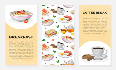 Breakfast banner template. Coffee break poster, card, background with space for text. Fresh and nutritious morning meal vector illustration
