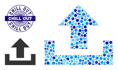 Circle mosaic upload icon and CHILL OUT round corroded stamp seal. Blue stamp seal includes CHILL OUT text inside circle and guilloche structure. Vector collage is based on upload symbol,
