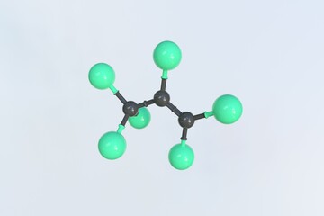 Molecule of hexachloropropene, isolated molecular model. 3D rendering