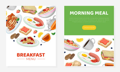 Breakfast menu web banner. Fresh and nutritious morning meal landing page, mobile application. Delivery and catering service vector illustration