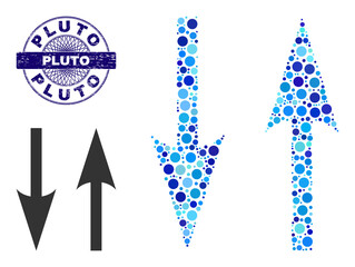 Rounded dot composition vertical exchange arrows icon and PLUTO round grunge stamp seal. Violet stamp seal includes PLUTO caption inside circle and guilloche structure.