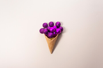Christmas balls ice cream. Minimal concept on beige background