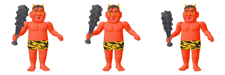 節分のイラスト素材　鬼のキャラクター（1_1 3 4）　赤　カット3点セット