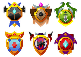 Set of vector illustrations of game shield, medieval knight's armor. Rpg league team emblem, warrior trophy award concept. Metal game shield