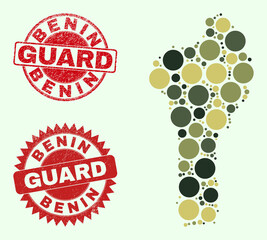 Vector spheric items collage Benin map in khaki colors, and textured stamp seals for guard and military services. Round red stamp seals contain word GUARD inside.
