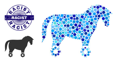 Circle mosaic wheeled horse icon and RACIST round rubber seal. Blue stamp seal includes RACIST tag inside circle and guilloche style. Vector mosaic is based on wheeled horse icon,