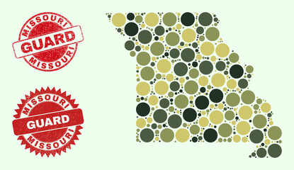 Vector circle items collage Missouri State map in camo hues, and rubber stamp prints for guard and military services. Round red stamps have phrase GUARD inside.