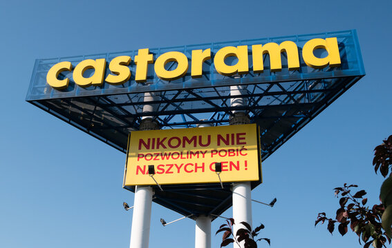 Signboard with brand logo of Castorama home improvement retailer and building supplies store on July 8, 2020 in Krakow, Poland.