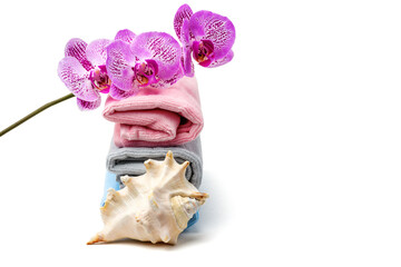 Orchid flower , towels and seashell on white isolated background. Spa, relaxation concept