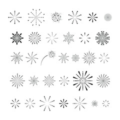 Fireworks, splashes, flashes, fireworks, stars, glitter, radiance. Vector illustration set, flat minimal dark design isolated on white background, eps 10.