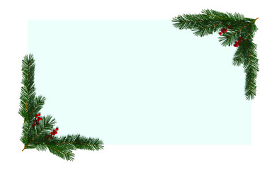 Rectangular background with branches of a Christmas tree and red rowan berries in the corners. Vector illustration, realistic design, isolated on white background, eps 10.