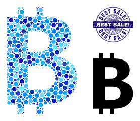 Round dot combination bitcoin symbol icon and BEST SALE! round grunge stamp. Violet stamp seal includes BEST SALE! caption inside circle and guilloche decoration.