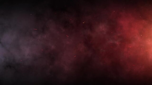 Looping vertically moving fire, smoke and particles on dark backdrop. Animated background.