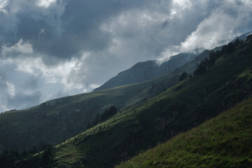 Valley of the Bolshoy Zelenchuk River before the rain, tourist resort of Arkhyz.