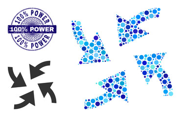 Round dot combination cyclone arrows icon and 100% POWER round textured stamp seal. Blue stamp includes 100% POWER caption inside circle and guilloche style.