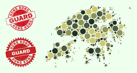 Vector circle elements mosaic Hong Kong map in camo colors, and unclean watermarks for guard and military services. Round red imprints have phrase GUARD inside.