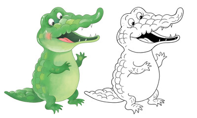 Cute and funny crocodile. Coloring page. Illustration for children. Cartoon characters isolated on white background. Greeting card, poster.