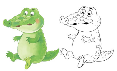 Cute and funny crocodile. Coloring page. Illustration for children. Cartoon characters isolated on white background. Greeting card, poster.