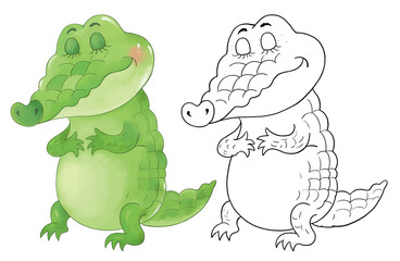 Cute and funny crocodile. Coloring page. Illustration for children. Cartoon characters isolated on white background. Greeting card, poster.
