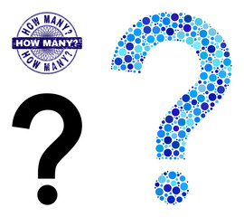 Round dot mosaic query sign icon and HOW MANY? round dirty watermark. Violet stamp includes HOW MANY? tag inside circle and guilloche technique. Vector mosaic is based on query sign icon,