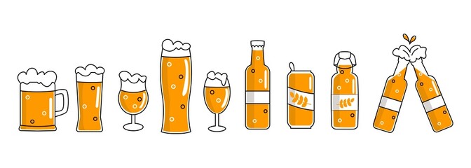 Craft Beer glass, bottle and can types. Minimal flat vector illustration of different type of beers.