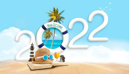 Happy new year 2022. Happiness beach party and travel summer destination concept.