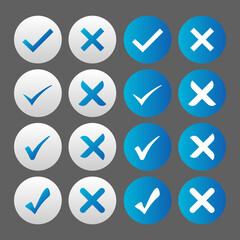 Set of blue and white check mark buttons in  neomorphism (neumorphism) style. Designed for websites, mobile apps and other developers.
