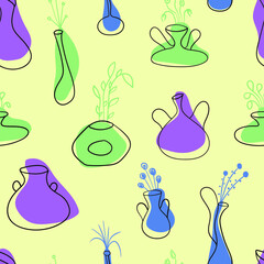 Seamless pattern of house plant pots creative design collection on yellow background. Vector illustration.
