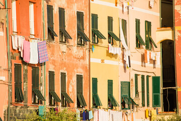 Windows in a beautiful Italian fishing village at sunset