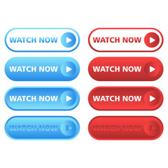 Red and blue watch now button in neomorphism style. Easy editable vector isolated illustration. 