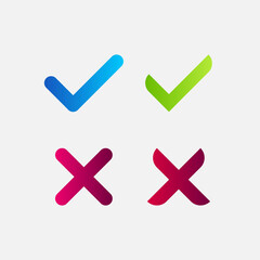 Set of check mark tick and cross buttons in  neomorphism (neumorphism) style. Designed for websites, mobile apps and other developers.