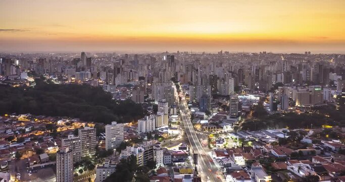 Campinas City, SP, avenue Dr Moraes Sales at dusk, Campinas Sao Paulo, hyperlapse moving backwards, Campinas city, drone images, sunset