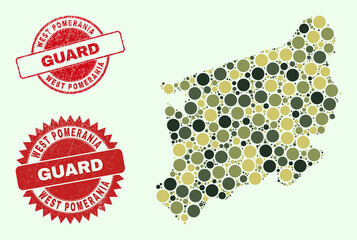 Vector spheric items combination West Pomeranian Voivodeship map in khaki colors, and unclean stamp seals for guard and military services. Round red stamp seals have phrase GUARD inside.