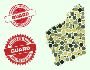 Vector round items combination Western Australia map in camo colors, and textured stamp seals for guard and military services. Round red imprints have word GUARD inside. - 473587698