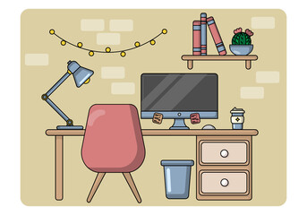 desktop with a computer, coffee, books, chair, table lamp and a plant	