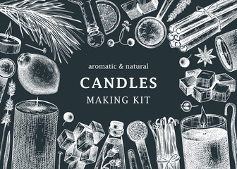 Hand sketched candles ingredients banner on chalkboard. Vintage candles, herbs, wax, fruits, spices, skewers hand drawings background. Perfect for aromatherapy, hobby, handcrafts, candle making. - obrazy, fototapety, plakaty