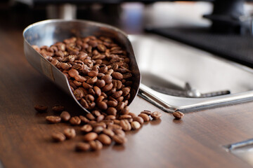 Arabica coffee beans have been roasted on a wooden table in the cafe kitchen
